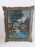Tablou goblen vechi inramat, peisaj cu femeie la margine de rau, casa si copaci, 45x36cm