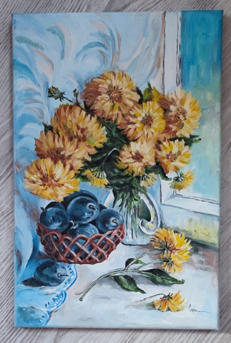 Tablou in ulei &quot;Crizanteme si prune&quot;