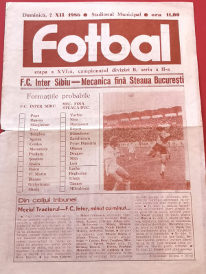 Program meci fotbal FC INTER SIBIU - MECANICA FINA STEAUA BUCURESTI(07.12.1986) foto