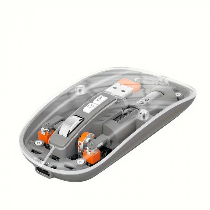 Mouse Nou M233, 1600dpi, 5 Butoane, Indicator Nivel Baterie, Transparent, Gri, Wireless + Bluetooth NewTechnology Media