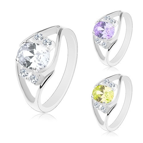 Inel argintiu cu brațe despicate, oval mare colorat și zirconii transparente de-o parte și de alta - Marime inel: 59, Culoare: Transparent