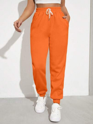 Pantaloni de trening, cu talie inalta si snur reglabil, portocaliu, dama, Shein foto