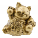 Statueta feng shui din rasina cu pisica maneki neko si wu lou pentru sanatate 65cm