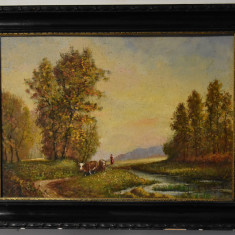 Szehr (pictor maghiar posibil Baia Mare) - Peisaj cu vaci - tablou vechi in ulei
