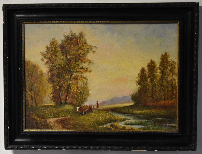 Szehr (pictor maghiar posibil Baia Mare) - Peisaj cu vaci - tablou vechi in ulei