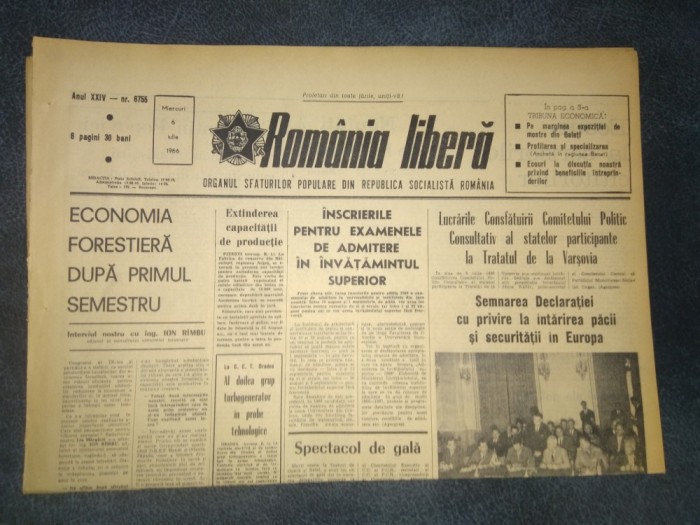 ZIARUL ROMANIA LIBERA 6 IULIE 1966 TRATATUL DE LA VARSOVIA