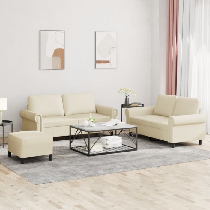 vidaXL Set de canapele cu perne, 3 piese, crem, piele ecologică