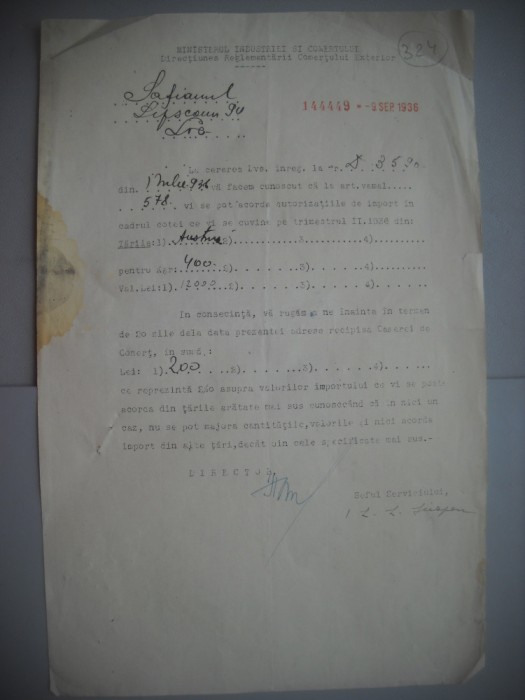 HOPCT DOCUMENT VECHI 324 MINISTERUL INDUSTRIEI COMERT EXTERIOR /BUCURESTI 1936