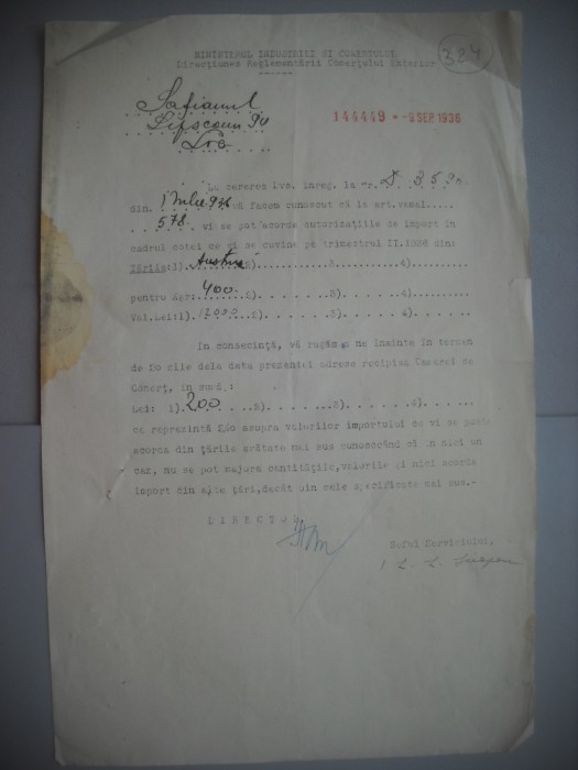 HOPCT DOCUMENT VECHI 324 MINISTERUL INDUSTRIEI COMERT EXTERIOR /BUCURESTI 1936