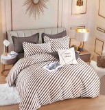 Cumpara ieftin Lenjerie pat dublu,bumbac finet,6 piese,cearceaf cu elastic,alba maro cu dungi-A1481