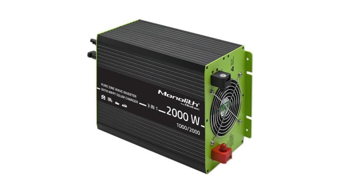 Invertor solar Qoltec Monolith 3-&icirc;n-1 cu funcție de &icirc;ncărcare AC | MPPT | UPS | ATS | 1000W | 2000W | 12V p&acirc;nă la 230V | Unda sinusoidală pură