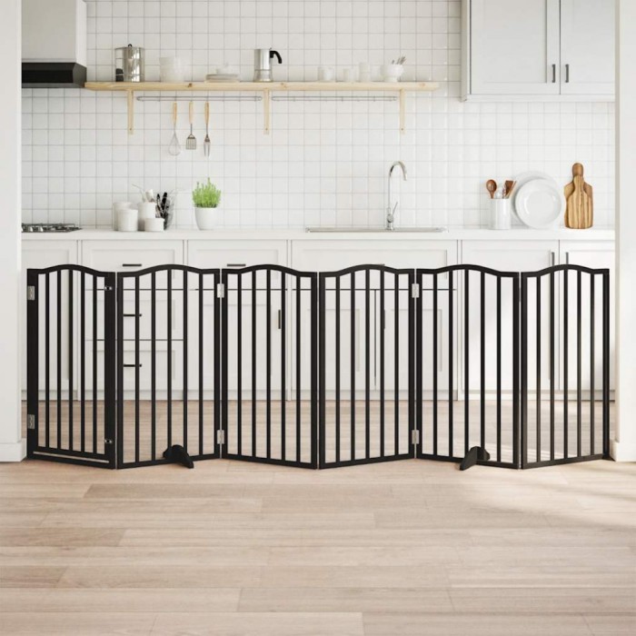 vidaXL Poartă c&acirc;ini pliabilă cu ușă 6 panouri negru, 300 cm, lemn plop 352223