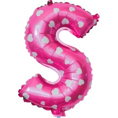 Balon Folie Metalizata Litera S, Cyrax, 40 cm, Cu Imprimeu Inimioare, Umflati cu Heliu sau Aer, Ambalaj Individual, Pai inclus, Roz