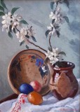 Gheorghe TEODORESCU ROMANAŢI (1891-1980)-Flori de măr, vase tradiţionale şi ouă vopsite de Paşte/Verso &bdquo;Marină&rdquo;, pictură