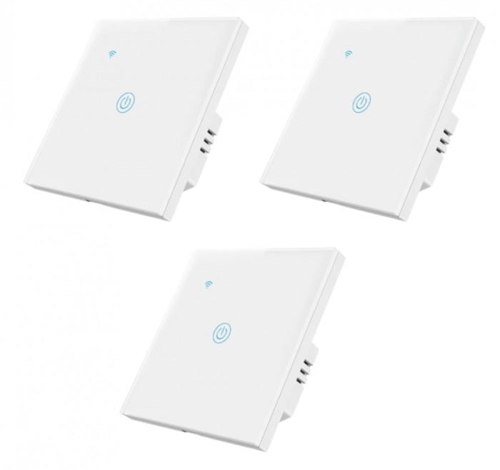 Set 3 Intrerupatoare inteligente simple cu touch Brius&trade;, Wi-Fi, nul, sticla securizata, LED noapte/zi, Tuya, Life Smart, compatibil Amazon Alexa/Googl
