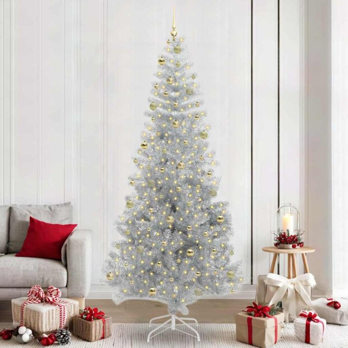 vidaXL Brad de Crăciun cu 300 LED cu suport Argintiu 240 cm PET 3396696