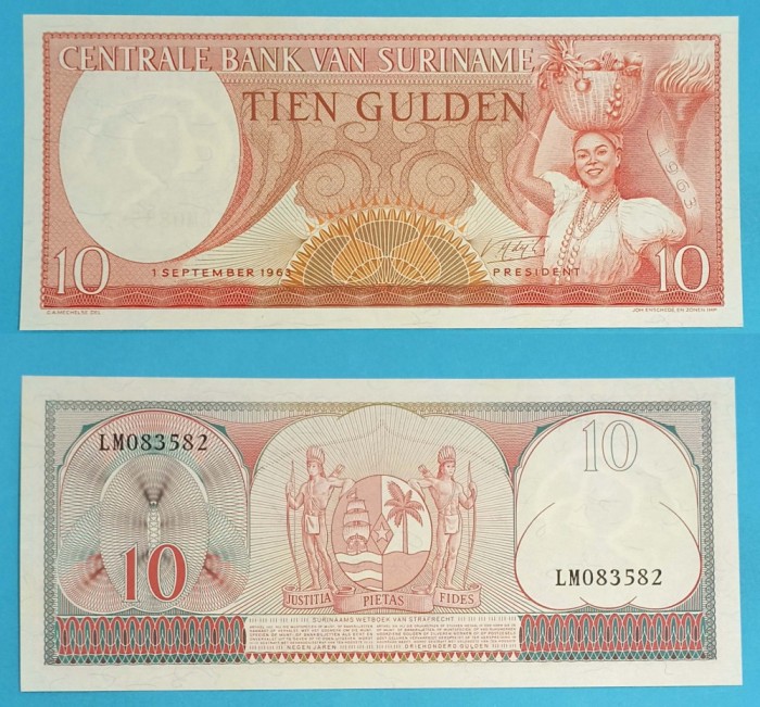 Surinam 10 Gulden 1963 &#039;Femeie cu coș și torță&#039; UNC serie: LM083582 p121