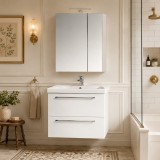 Set mobilier baie suspendat, cu lavoar ceramic, GN0541, front MDF, 60 cm, 2 sertare, glisiere soft close si dulap cu oglinda Celine, PAL, iluminare le