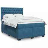 VidaXL Pat box spring cu saltea, albastru, 140x190 cm, catifea
