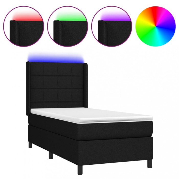Pat cu arcuri, saltea si LED, negru, 80x200 cm, textil