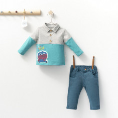 Set cu blugi si bluzita cu guleras pentru bebelusi Monster, Tongs baby (Culoare: Gri, Marime: 12-18 Luni)