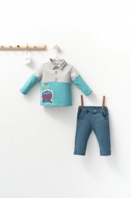 Set cu blugi si bluzita cu guleras pentru bebelusi Monster, Tongs baby (Marime: 18-24 Luni, Culoare: Turcoaz) foto