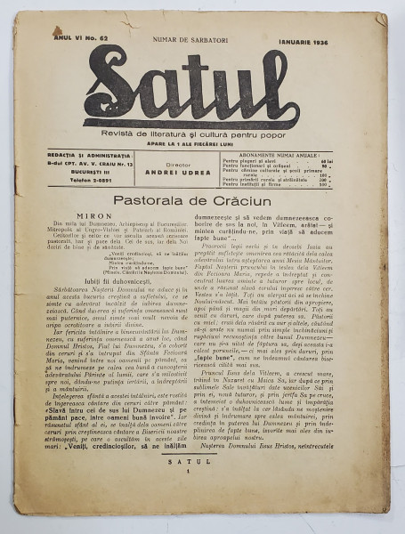 SATUL , REVISTA DE LITERATURA SI CULTURA PENTRU POPOR , NUMAR DE SARBATORI , ANUL VI , NO. 62 , IANUARIE , 1936