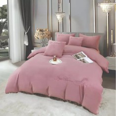 Lenjerie de Pat Brodate , Cearceaf cu Elastic, 6 Piese, Blană de Iepure Artificială cu Fir Scurt, Roz Inchis Pudra - JOJ640