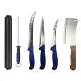 Cumpara ieftin Set profesional de macelarie, injunghiat, transat, dezosat, filetat, suport magnetic, 3 cutite, masat pentru ascutit, satar