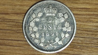 Canada - argint sterling serie f rara - 5 cents 1897 -Victoria tanara- superba ! foto