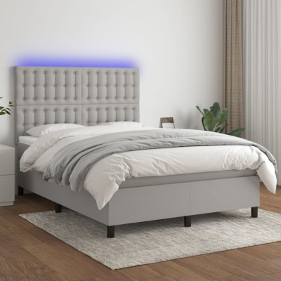vidaXL Pat cu arcuri, saltea și LED, gri deschis, 140x190 cm, textil 3135189 foto