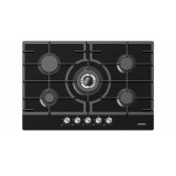 Plita incorporabila Heinner HBH-M705IWFGBK, Gaz, 5 arzatoare, Gratar fonta, Wok, Aprindere electrica, Dispozitiv de siguranta, 75 cm, Sticla neagra