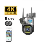 Camera supraveghere WIFI 4K, 8MP, Control din aplicatie, 2 lentile, Urmarire automata, Rezistenta la apa IP66 - 4G (Cartela SIM), Taggo