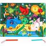 Joc montessori de sortare culori, flippy, creion magnetic, tip labirint ilustrat, din lemn, model animale salbatice, 39x29x1.5 cm