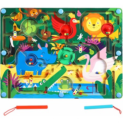 Joc montessori de sortare culori, flippy, creion magnetic, tip labirint ilustrat, din lemn, model animale salbatice, 39x29x1.5 cm foto
