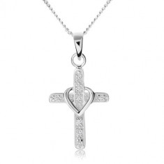 Colier din argint 925, cruce decorată cu zirconiu, contur de inimă