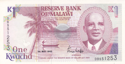 Bancnota Malawi 1 Kwacha 1992 - P23b UNC foto