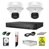 Sistem supraveghere Hikvision cu functii inteligente, 2 camere rotative, 3K 5MP, Audio bidirectional, Dual light 20m, DVR 4 canale, Accesorii incluse