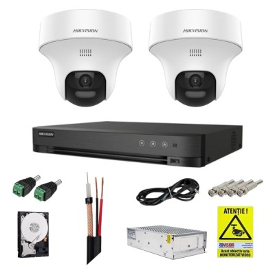 Sistem supraveghere Hikvision cu functii inteligente, 2 camere rotative, 3K 5MP, Audio bidirectional, Dual light 20m, DVR 4 canale, Accesorii incluse foto