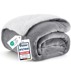 Patura 2 in 1 BEDSURE Sherpa Fleece, 150x200 cm, microfibra, gri, pufoasa, pentru canapea sau pat