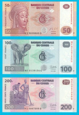 Congo Set 3x (p#97+98+99) 50+100+200 Francs 2020-22 UNC foto