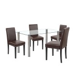 Set masa si 4 scaune Leziter Cadiz, masa sticla Berna 140cm, scaune piele ECO maro, alb-maro
