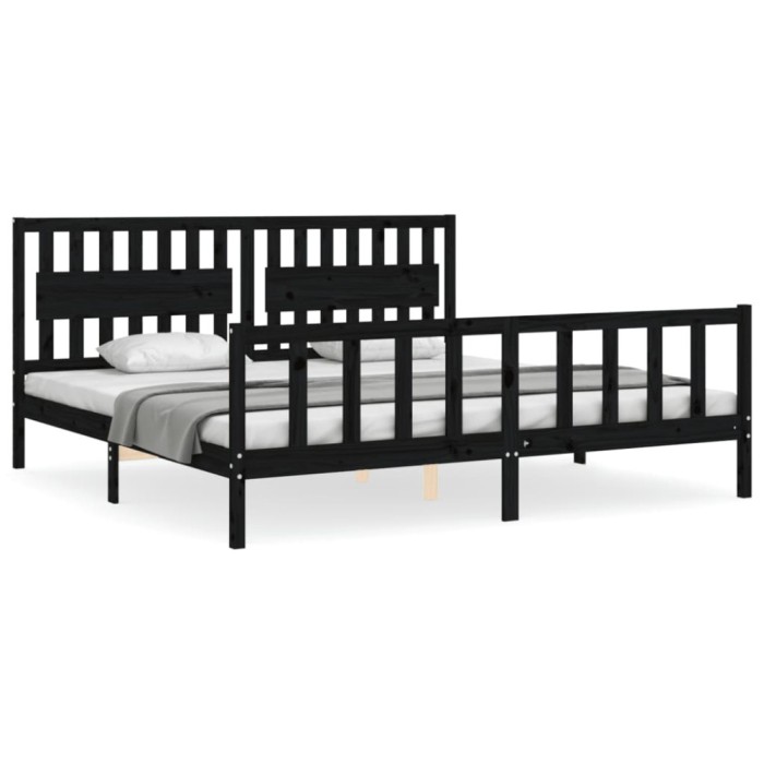 Cadru pat cu tablie 200x200 cm, negru, lemn masiv