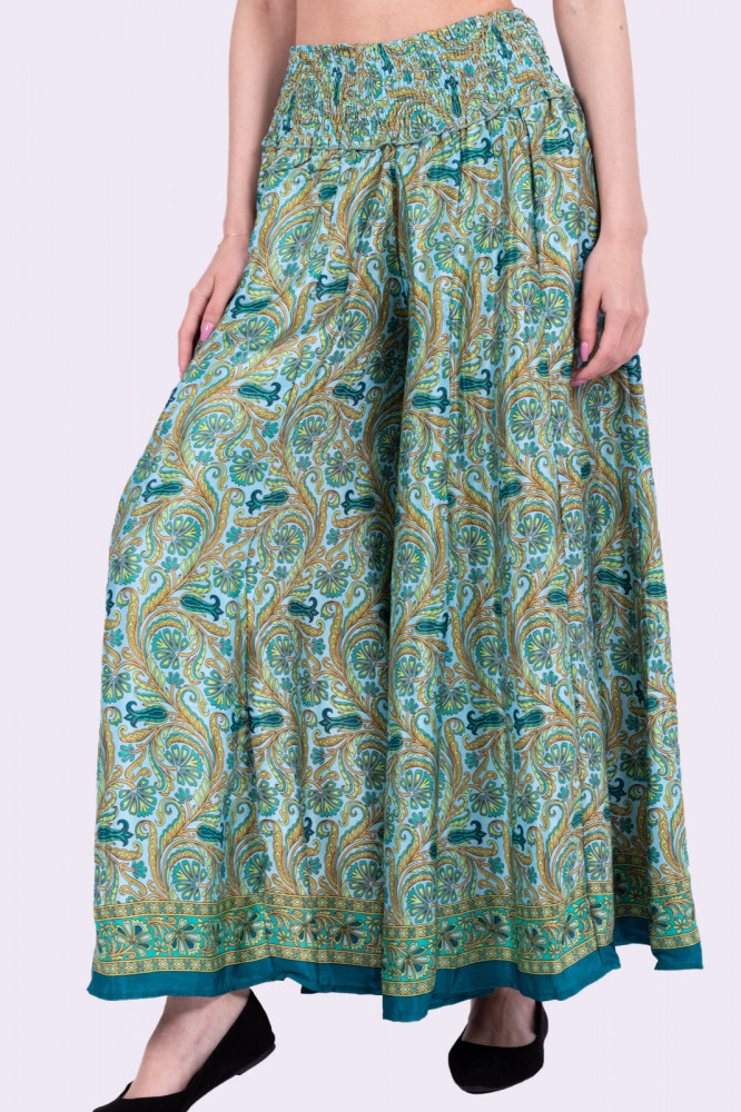 Fusta - pantaloni din matase, stil indian, cu imprimeu colorat verde |  arhiva Okazii.ro