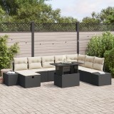 Set gradina 9 piese, poliratan negru, cu perne, 8 locuri. Canapea, fotolii, masuta, depozitare. Rezistent intemperii