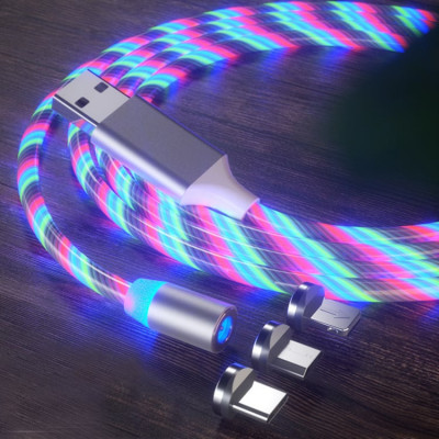 Cablu de Incarcare Magnetic USB la Type-C, Micro-USB, Lightning 1m Techsuit LED Flowing Alb foto