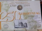 GERMANIA - FDC + MONEDA PROOF - 10 MARK 1999 F, 250 ANI - NASTEREA LUI GOETHE