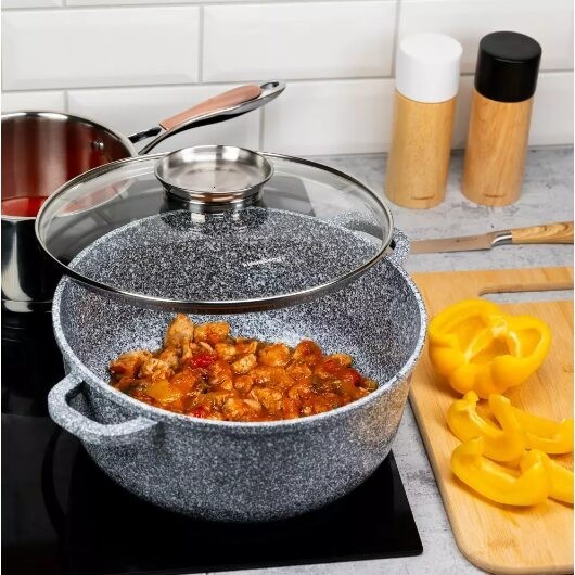 Oala cu capac, din aluminiu acoperita cu marmura, 5.6litri, 26cm, gri, Klausberg