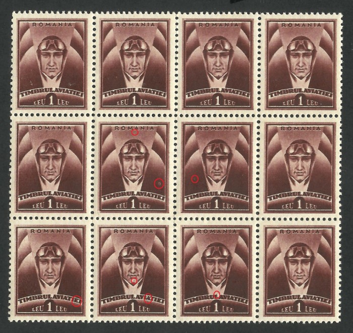 VARIETATI DE TIPAR Romania 1932 pilot, Timbrul aviatiei bloc x12 MNH