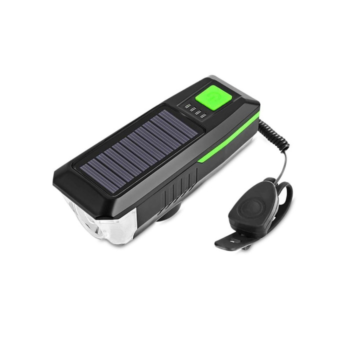 Lampa LED pentru bicicicleta,incarcare solara,claxon,baterie 2000 mAh - buton verde